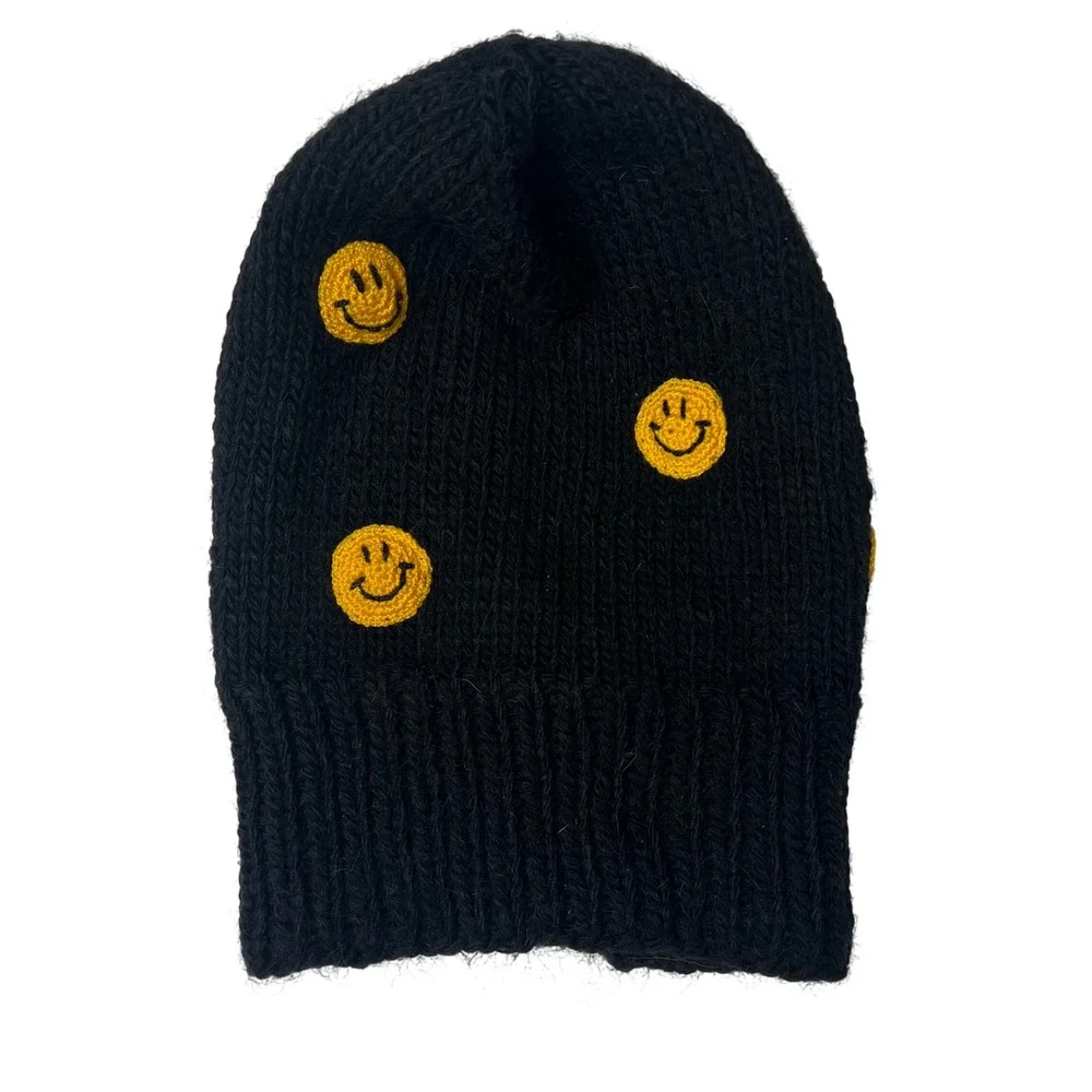 Daldandala Handmade Black Knit Balaclava Smiley‎ Face Yellow Crochet Applique